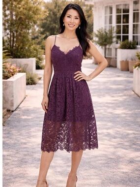 Astr Crochet Lace Midi Dress in Plum